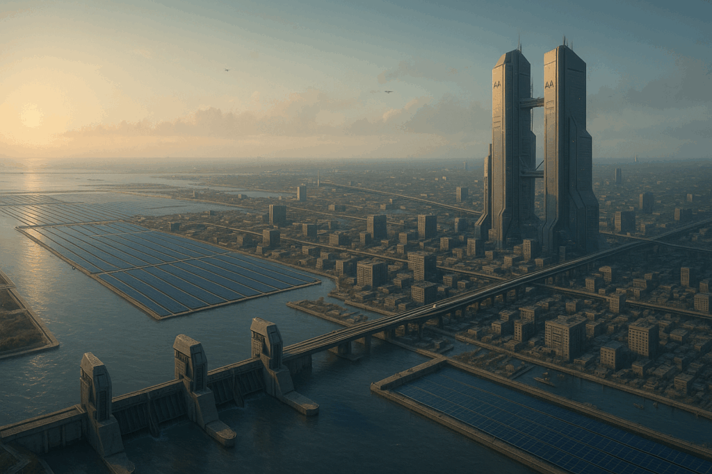 Gulf City at dawn with coastal barriers, dense towers, and offshore solar fields
