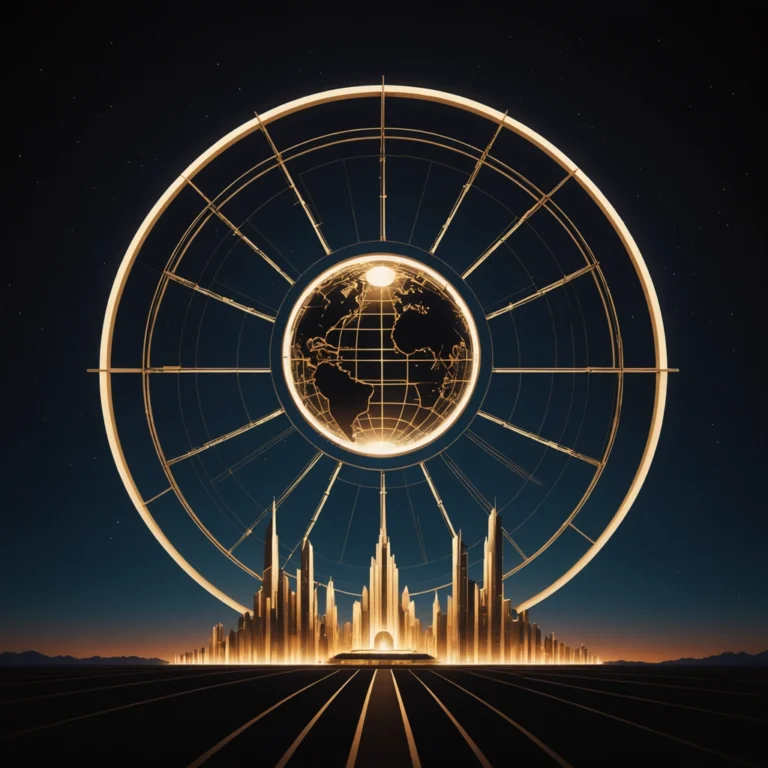 Golden memorial globe suspended above a future city