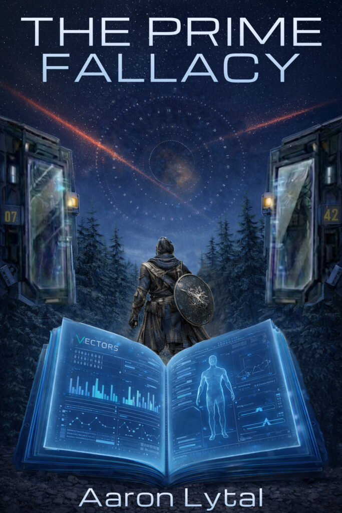 The Prime Fallacy LitRPG book cover showing a warrior standing before glowing sci-fi portals with a holographic VECTORS stat book