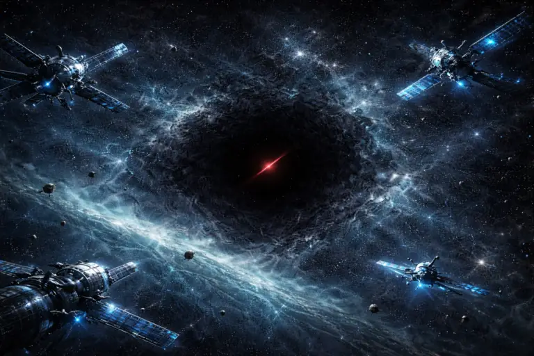 Cold orbital battlefield with distant lights and Prime pressure closing in