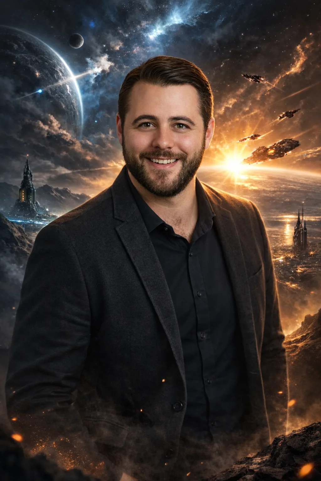 Aaron Lytal, author of The Prime Fallacy, in a sci-fi portrait against a galaxy background