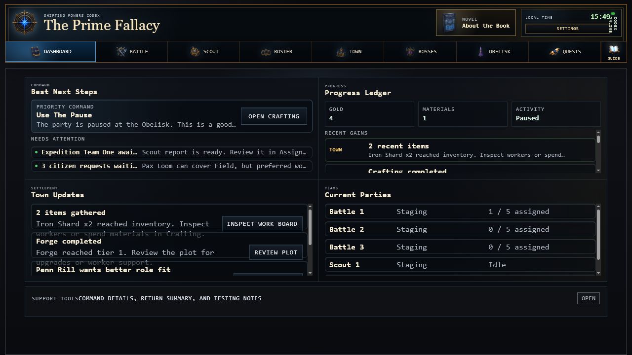 The Prime Fallacy Idle Game command dashboard and progress ledger
