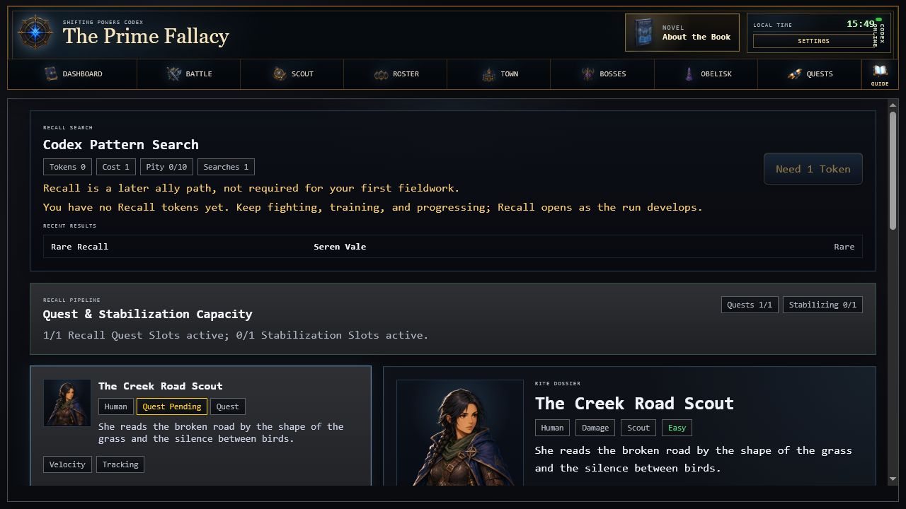 The Prime Fallacy Idle Game recall search and scout quest screen