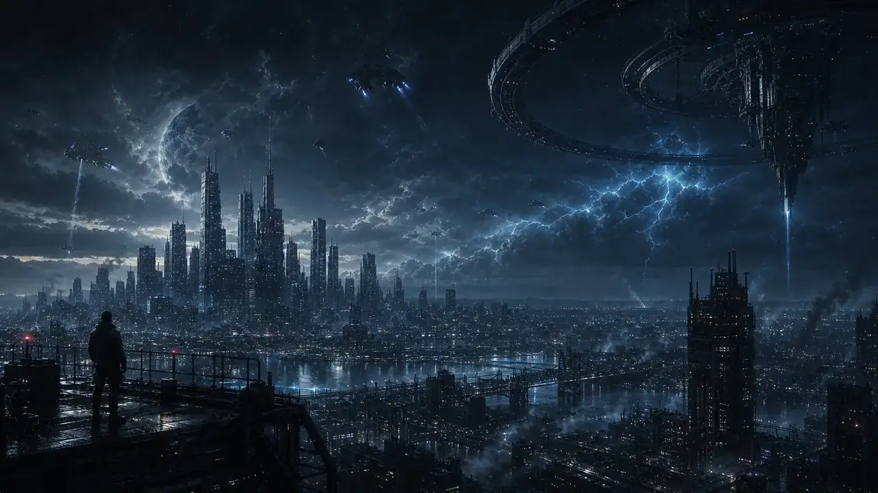 A failing futuristic Earth city under orbital structures and blue storm pressure