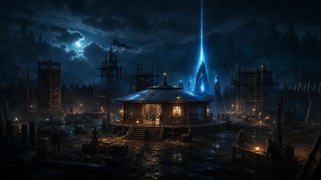 Hope's Point settlement under construction around a glowing command shelter and blue obelisk light