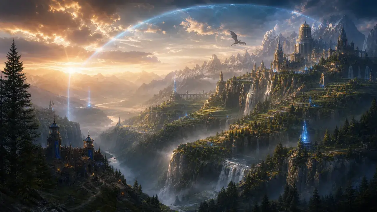 A fantasy refuge valley with a sanctuary city, mountains, waterfalls, and a distant wyvern