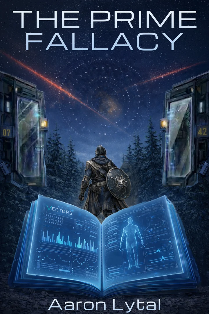 The Prime Fallacy Book 1 by Aaron Lytal, with a warrior and a glowing VECTORS book.