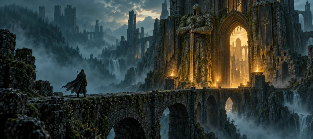 A lone adventurer faces an armored guardian at a glowing castle gate.